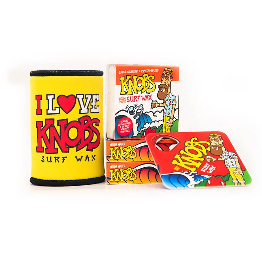 knobs stubby cooler, wax and coaster bundle
